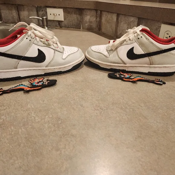 Kids White and Red Sneakers Nike Dunk Low GS &quot;Year of the Dragon&quot; edition. 7Y