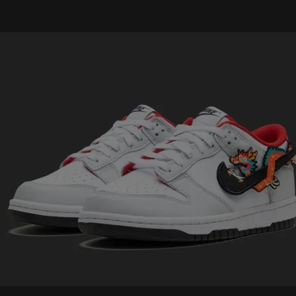 Kids White and Red Sneakers Nike Dunk Low GS &quot;Year of the Dragon&quot; edition. 7Y