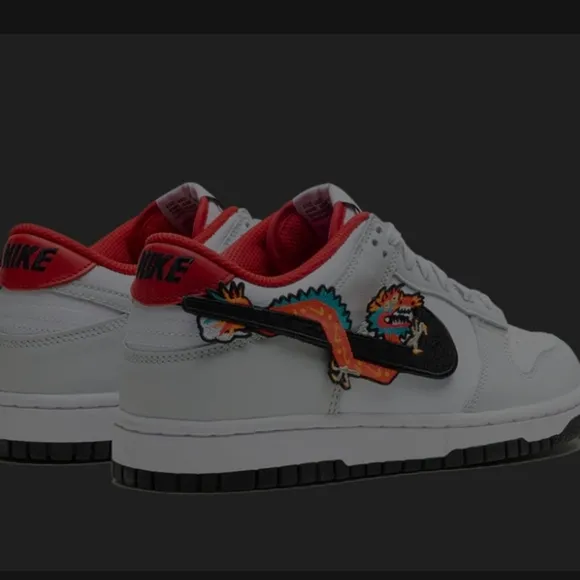 Kids White and Red Sneakers Nike Dunk Low GS &quot;Year of the Dragon&quot; edition. 7Y