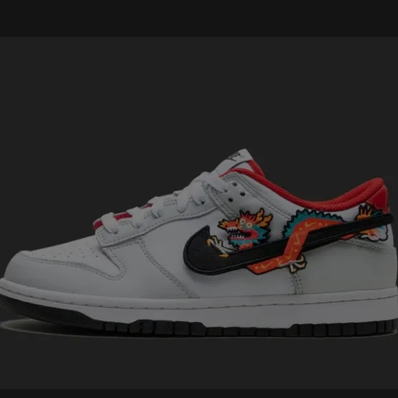 Kids White and Red Sneakers Nike Dunk Low GS &quot;Year of the Dragon&quot; edition. 7Y