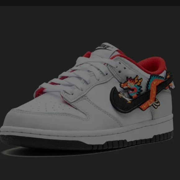 Kids White and Red Sneakers Nike Dunk Low GS &quot;Year of the Dragon&quot; edition. 7Y
