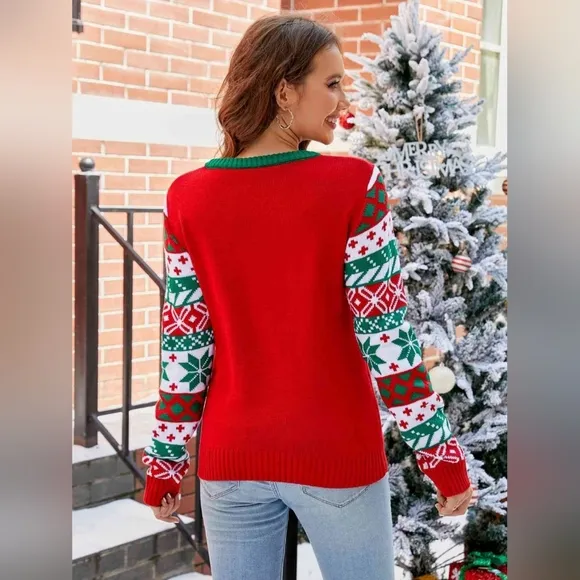 Knit Christmas Tree Graphic Embroidered Detail Round Neck Holiday Sweater