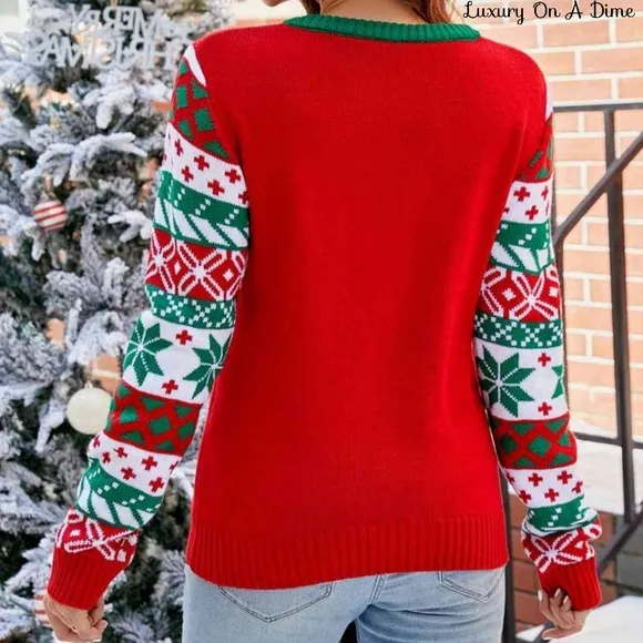 Knit Christmas Tree Graphic Embroidered Detail Round Neck Holiday Sweater