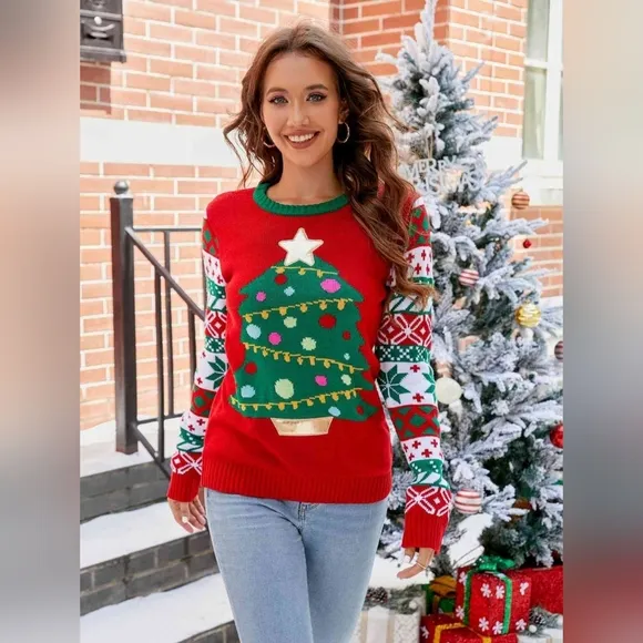 Knit Christmas Tree Graphic Embroidered Detail Round Neck Holiday Sweater