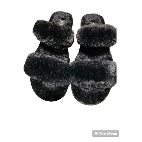 Koolaburra by UGG Fuzz-On Platform Slide Sandals Slippers Faux Fur Size 9 Black.