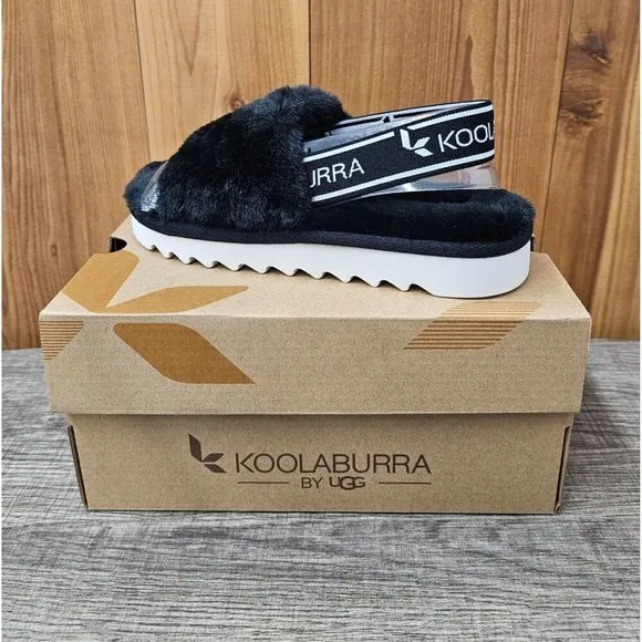 Koolaburra By UGG K Fuzz'n Black Faux Fur Kid's Slippers Size 12