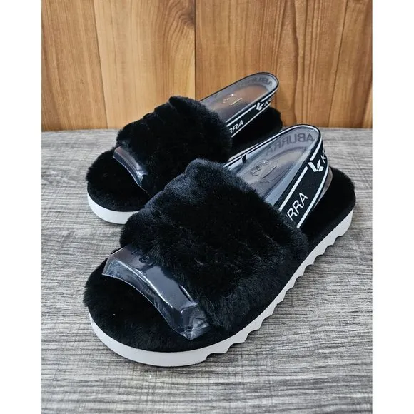 Koolaburra By UGG K Fuzz'n Black Faux Fur Kid's Slippers Size 12