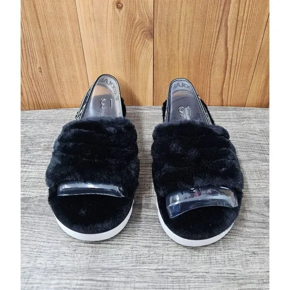 Koolaburra By UGG K Fuzz'n Black Faux Fur Kid's Slippers Size 12