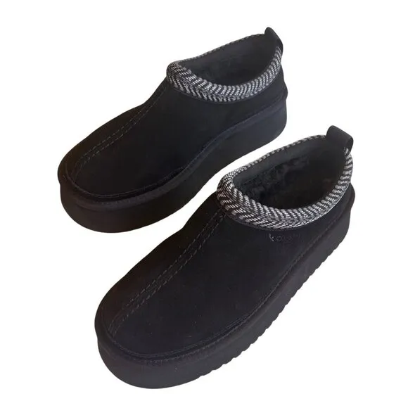 Koolaburra By UGG Women's Burree Platform Black Suede Slip-On Slippers With Chec