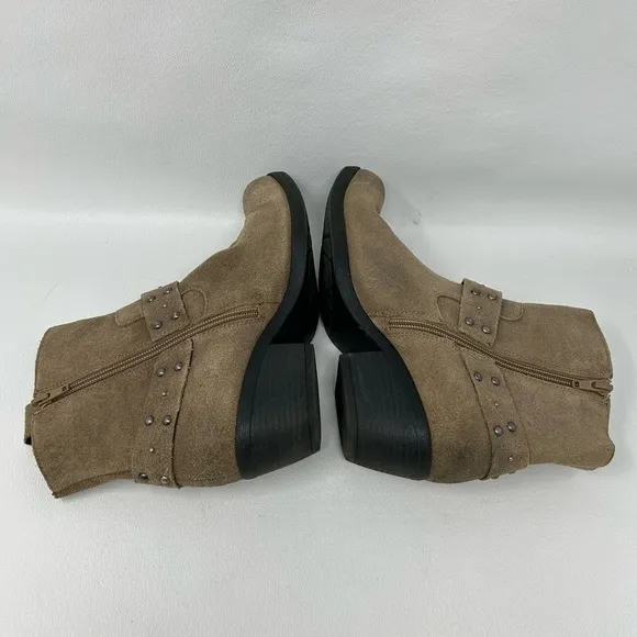 Korks Tan Distressed Suede Leather Ankle Booties Harness Women's Ankle Boots 6