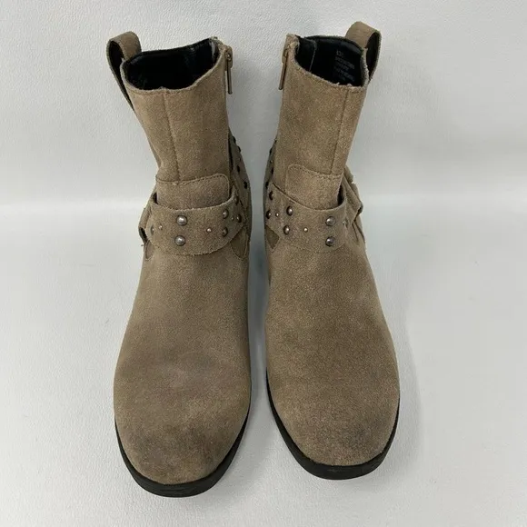 Korks Tan Distressed Suede Leather Ankle Booties Harness Women's Ankle Boots 6