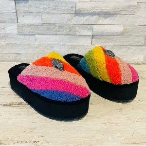 Kurt Geiger London Kensington Faux Shearling Rainbow Platform Slippers Size 36.5