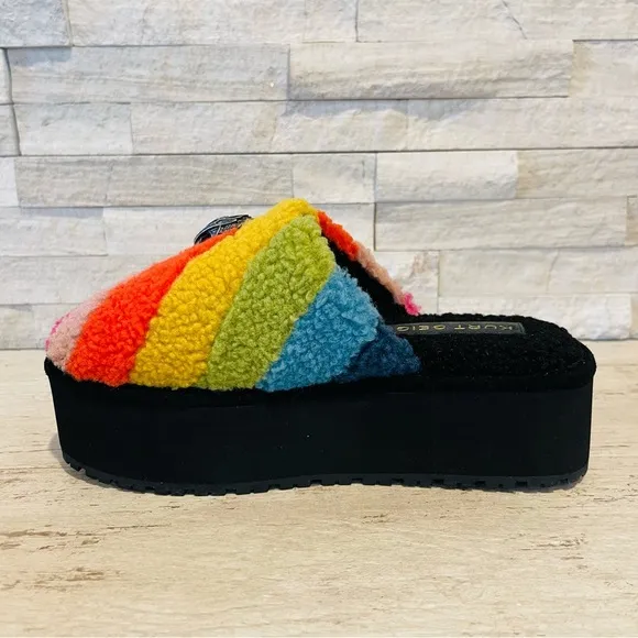 Kurt Geiger London Kensington Faux Shearling Rainbow Platform Slippers Size 36.5