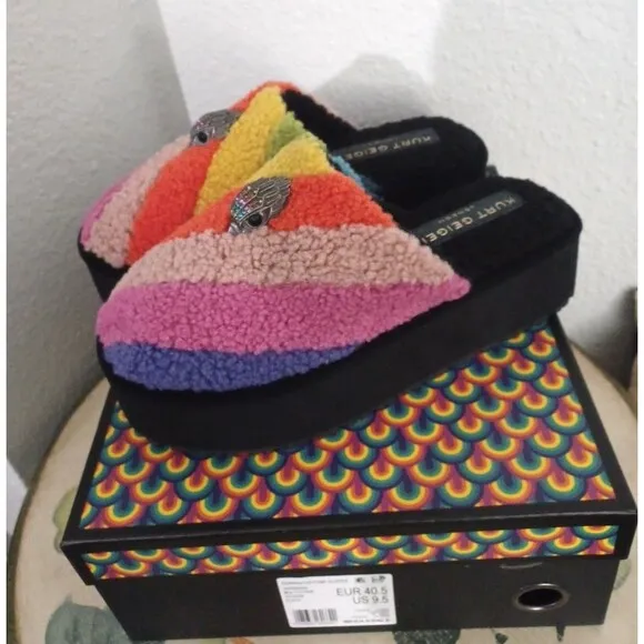 Kurt Geiger London Women Kensington Faux Shearling Platform Slippers Rainbow 9.5