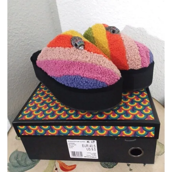 Kurt Geiger London Women Kensington Faux Shearling Platform Slippers Rainbow 9.5