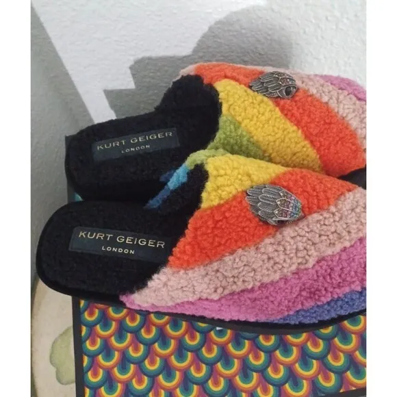 Kurt Geiger London Women Kensington Faux Shearling Platform Slippers Rainbow 9.5