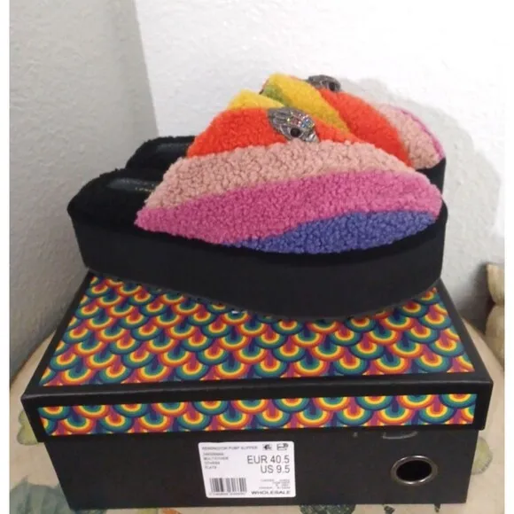 Kurt Geiger London Women Kensington Faux Shearling Platform Slippers Rainbow 9.5