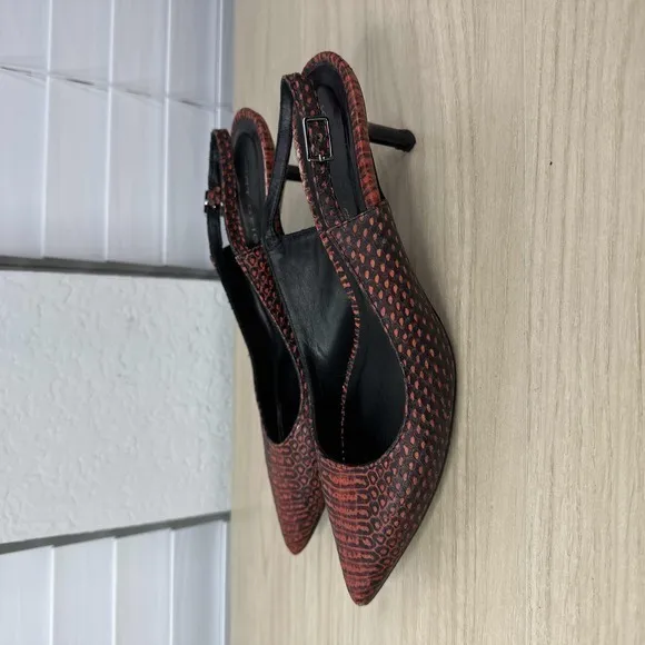 Kurt Geiger‎ Shoes Womens EU 36 Red Black Snakeskin Print Slingback Kitten Heels