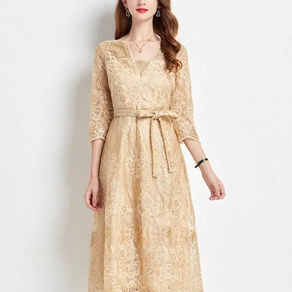 Lace beaded embroidered dress women's light luxury high sense