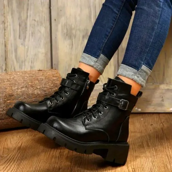 Ladies chunky ankle combat boots