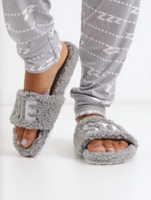 Ladies Moulded Sole Push-In Slogan Slide Slipper - Grey