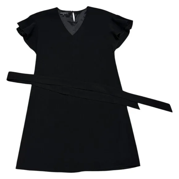 Lafayette 148 Luxury Designer V-Neck Black Ruffle Mini Dress Womens Small Petite