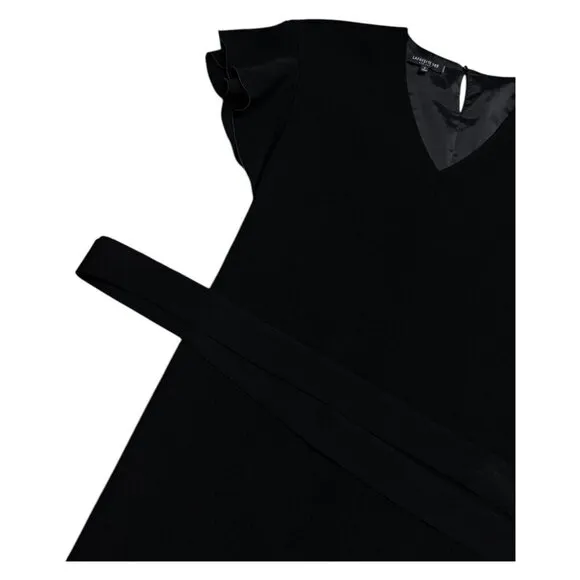 Lafayette 148 Luxury Designer V-Neck Black Ruffle Mini Dress Womens Small Petite