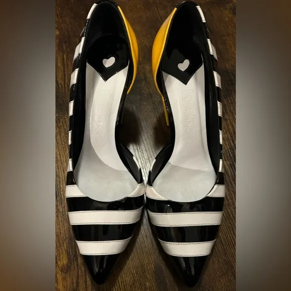 Lala love Peruvian Stylish Black and Yellow Leather Women's Heels Gorgeous