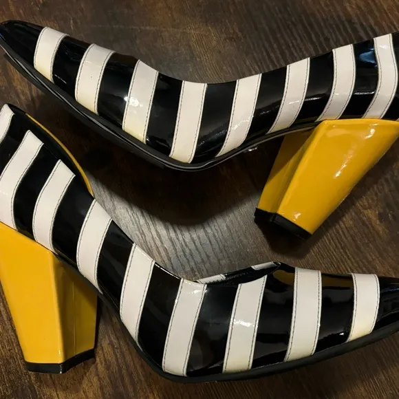 Lala love Peruvian Stylish Black and Yellow Leather Women's Heels Gorgeous