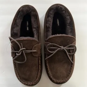 𝅺Lands End brown suede sterling fur lined laced moccasin slippers
