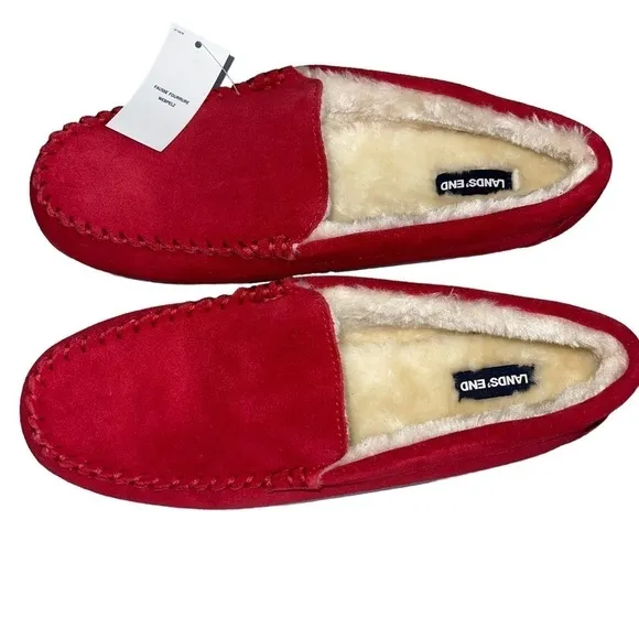 Lands' End Women's Size 11 Red Suede Moccasin Slippers NWT
