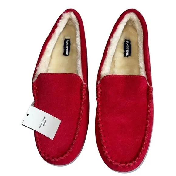 Lands' End Women's Size 11 Red Suede Moccasin Slippers NWT