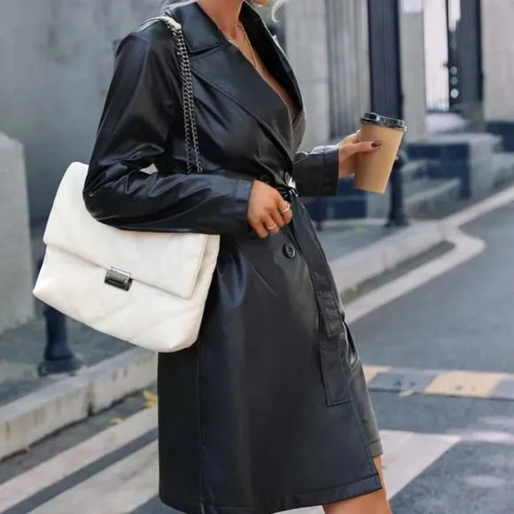 Lapel Neck double breasted faux leather belted trench Minimalist black Coat