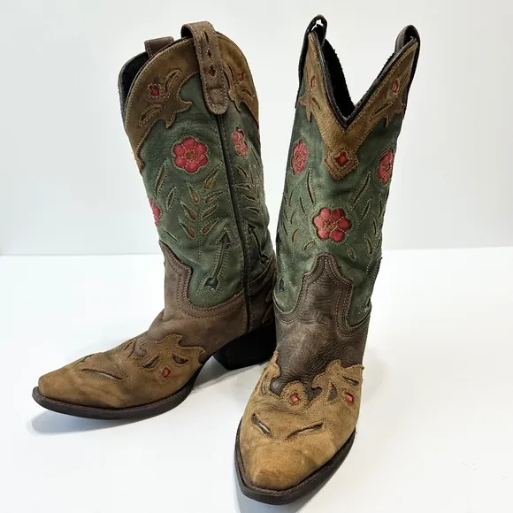 Laredo Women's Miss Kate Rodeo Boots Brown Leather Floral Inlay Size 7