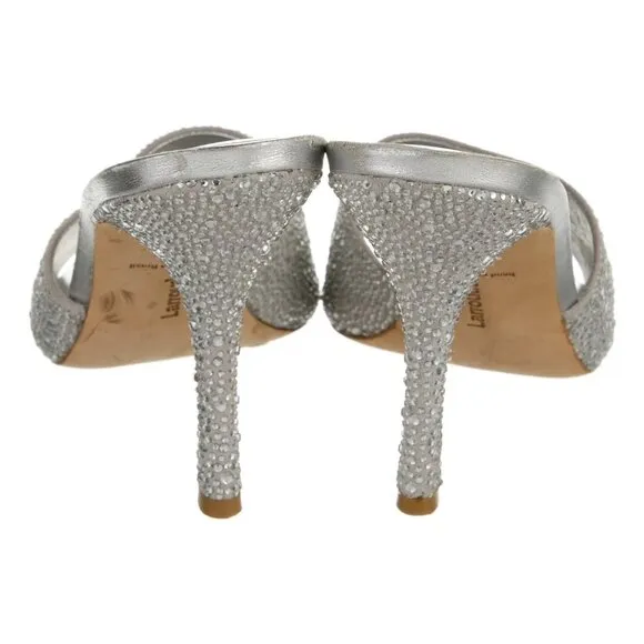 Larroude Colette Crystal Mule Pumps Heels Silver Gray‎ Embellished Bejeweled