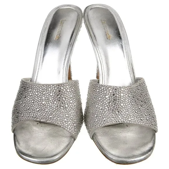 Larroude Colette Crystal Mule Pumps Heels Silver Gray‎ Embellished Bejeweled