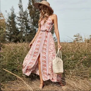 (Last 2) Pink boho floral print maxi halter backless summer dress