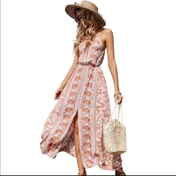 (Last 2) Pink boho floral print maxi halter backless summer dress