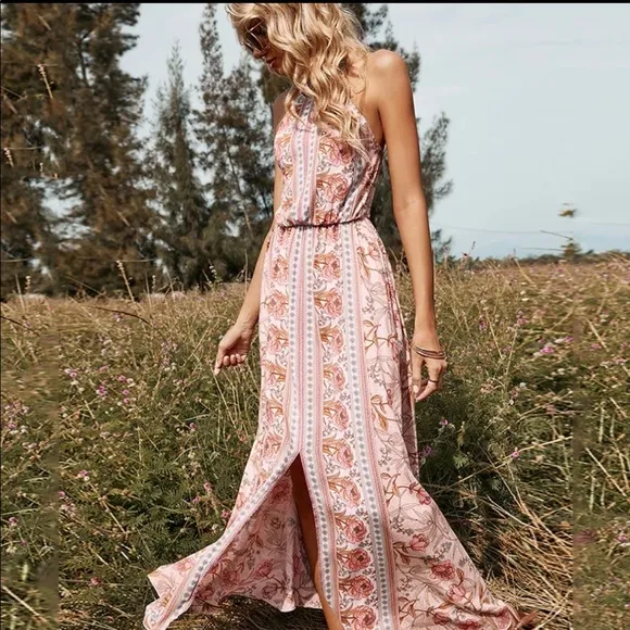 (Last 2) Pink boho floral print maxi halter backless summer dress