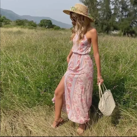 (Last 2) Pink boho floral print maxi halter backless summer dress