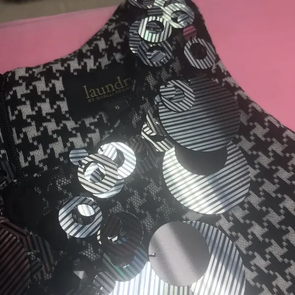 Laundry Shelli Segal houndstooth black shift dress y2k 70’s silver sequin 6x 8