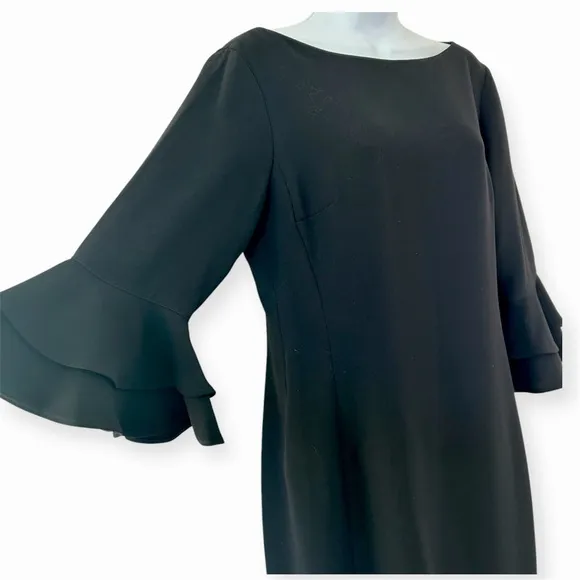 LAUREN RALPH LAUREN Flutter Bell Sleeve Black Sheath Dress Size 10 Knee Length