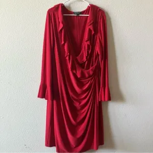 Lauren Ralph Lauren Red 90s Wrap Style Ruffle V Neck Long Sleeve Maxi Dress 20W
