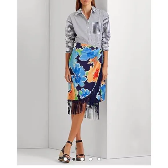 Lauren Ralph Lauren Size6 Faux-Wrap Tropical Skirt Navy