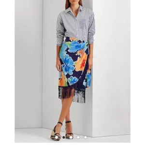 Lauren Ralph Lauren Size6 Faux-Wrap Tropical Skirt Navy