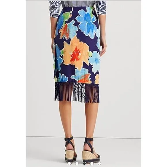 Lauren Ralph Lauren Size6 Faux-Wrap Tropical Skirt Navy