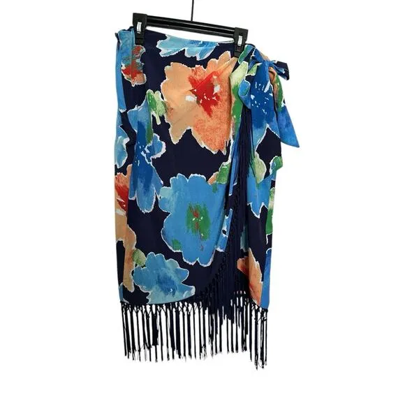 Lauren Ralph Lauren Size6 Faux-Wrap Tropical Skirt Navy