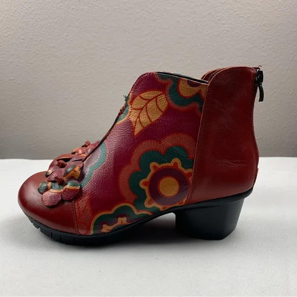 Leather Hand-painted Ankle Boots Red Burgundy Floral Arsrty Boho Size 7.5