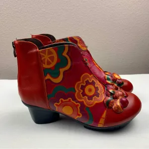 Leather Hand-painted Ankle Boots Red Burgundy Floral Arsrty Boho Size 7.5