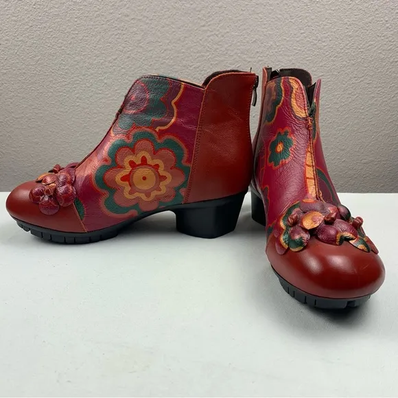 Leather Hand-painted Ankle Boots Red Burgundy Floral Arsrty Boho Size 7.5